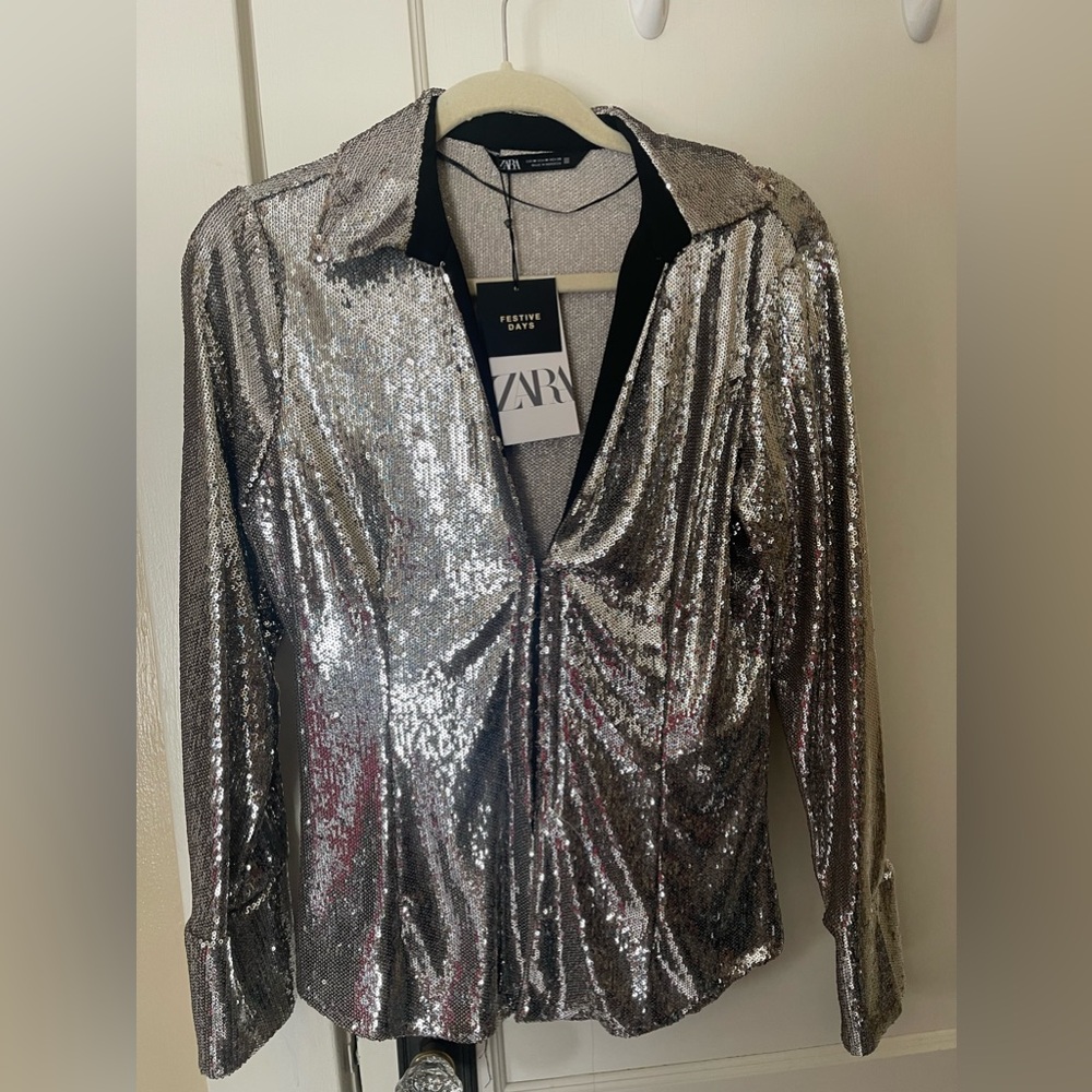 Zara sequin shirt silver size M brand new with tags
